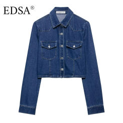 EDSA Women Blue Cropped Denim Shirt with Long Cuffed Sleeves Single Breasted Snap-button Casual Female Chic Top
