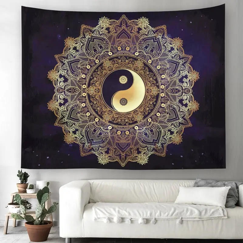 Description Picture 3 of itemHot Stamping Yin Yang Mandala Tapestry Home Decor Black Wall Hanging Gossip Tapestry Cloth Fabric Tapestries Blanket Beach Towel
