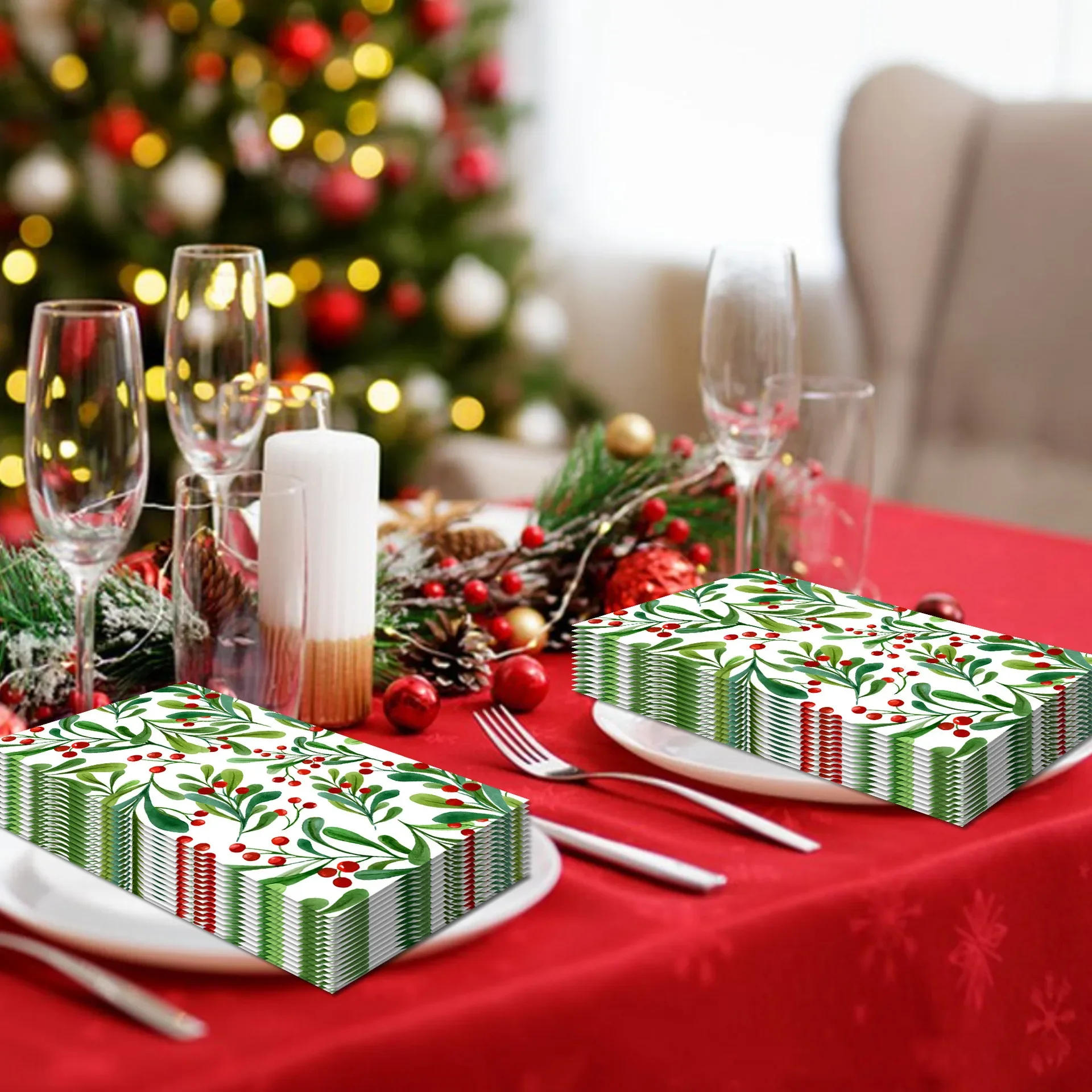 Description Picture 4 of item100PCS Christmas Paper Napkins 33*40CM Holly Berry with Leaves Disposable Dinner Hand Towels for 2025 Xmas Dining Table Decor