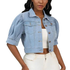 Women New Lapel Single Breasted Cardigan Denim Short Jacket Bubble Sleeve Outerwear Summer Casual Female Coat Stylish Streetwear
