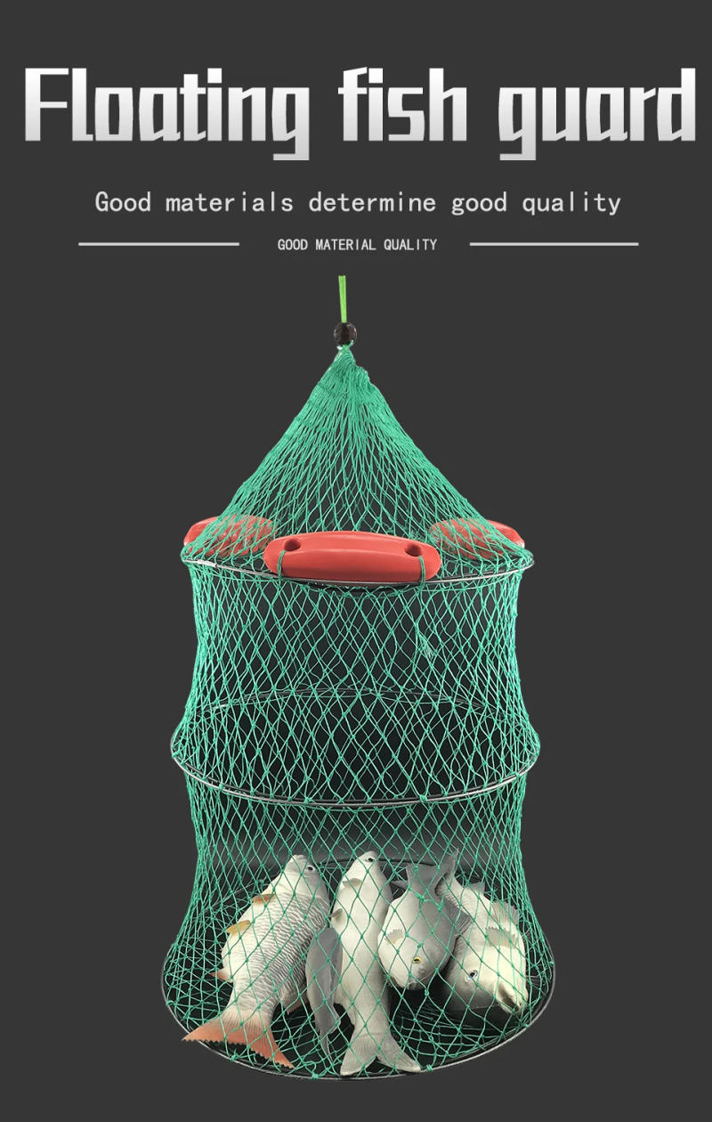 Description Picture 2 of itemThree floating fish protection sea fishing net pocket mesh bagged quick-drying folding fish cage thickened woven fish basket