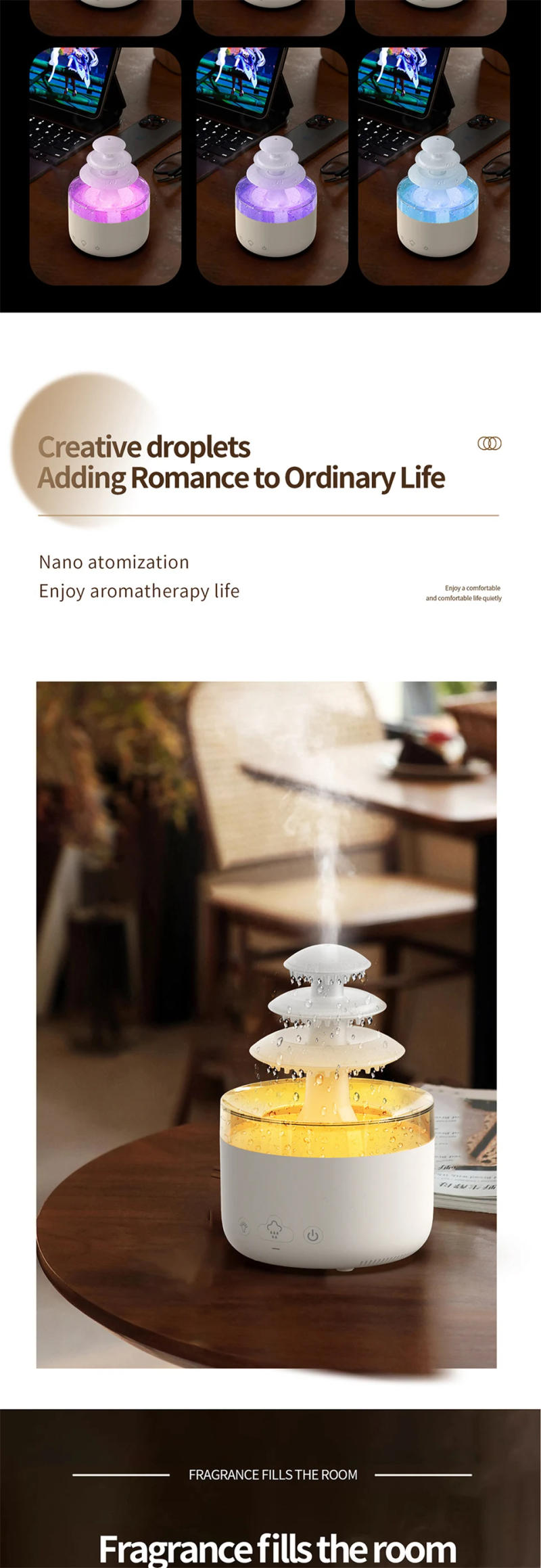 Description Picture 5 of itemRain Drop Aroma Diffuser Air Humidifier 350ml 7 Colors LED Lamp Ultrasonic Remote Control USB Rain Cloud Essential Oil Diffuser