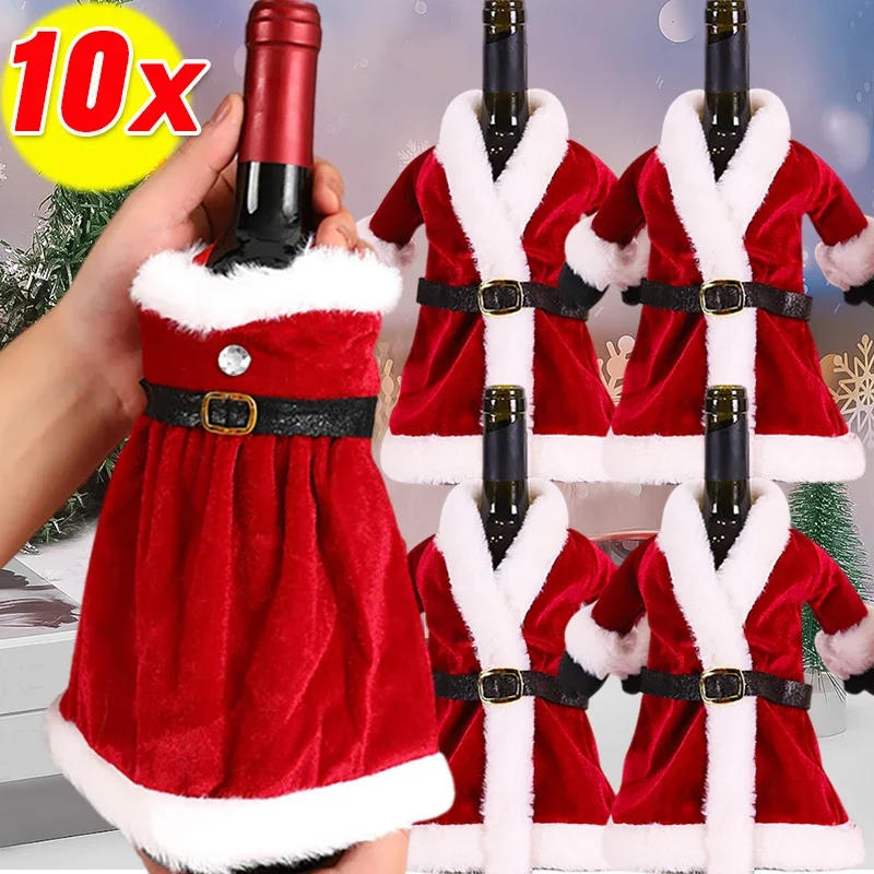 Description Picture 4 of item10-1PCS Wine Bottle Cover Christmas Red Velvet Dress Clothes Wine Bottles Bags Dinner Table Ornament New Year Party Home Decors