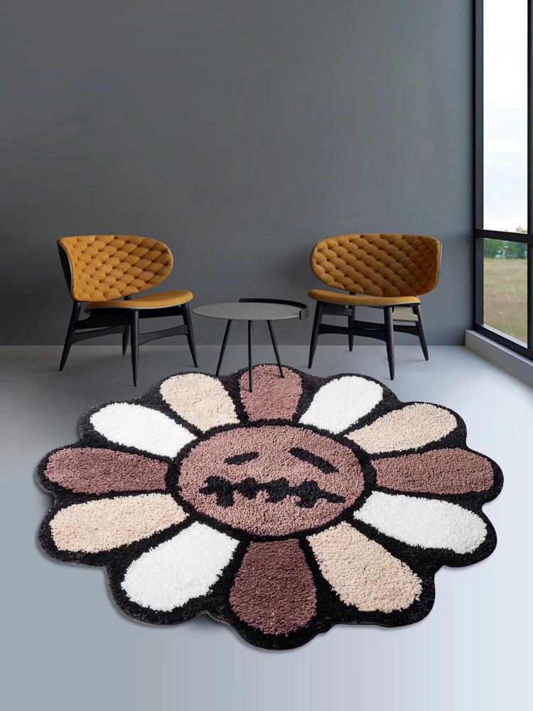 Description Picture 2 of itemSmiling Face Tufted Rug Flower Art Rug for Bedroom Living Room Retro Rainbow Fluffy Bathroom Smile Rug Nonslip Mat Home Decor