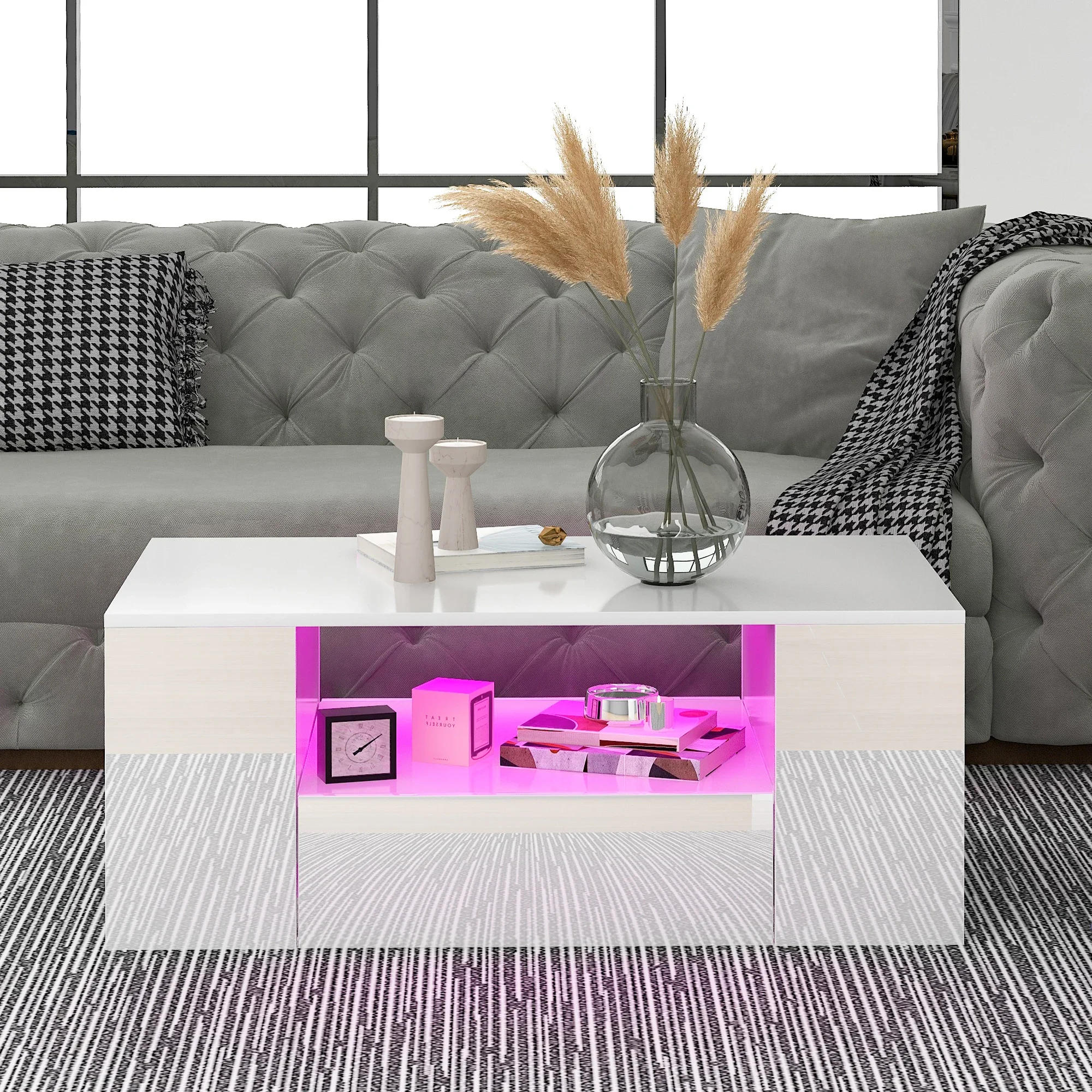 Description Picture 2 of itemModern High Gloss RGB LED Coffee Table with 4 Drawer Storage Organizer Sofa Side Table End Table Furniture for Living Room