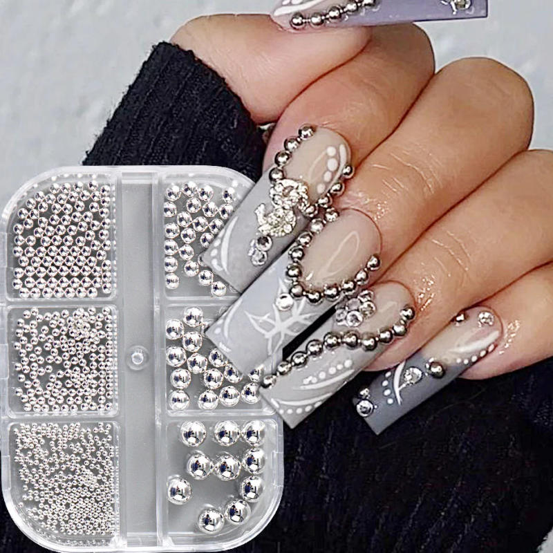 Description Picture 2 of item1 Box Silver/Gold/Rose Gold Shiny Metal Steel Bead Nail Art Decorations Round Bead Mixed Size 3D Rhinestones Manicure Supplies