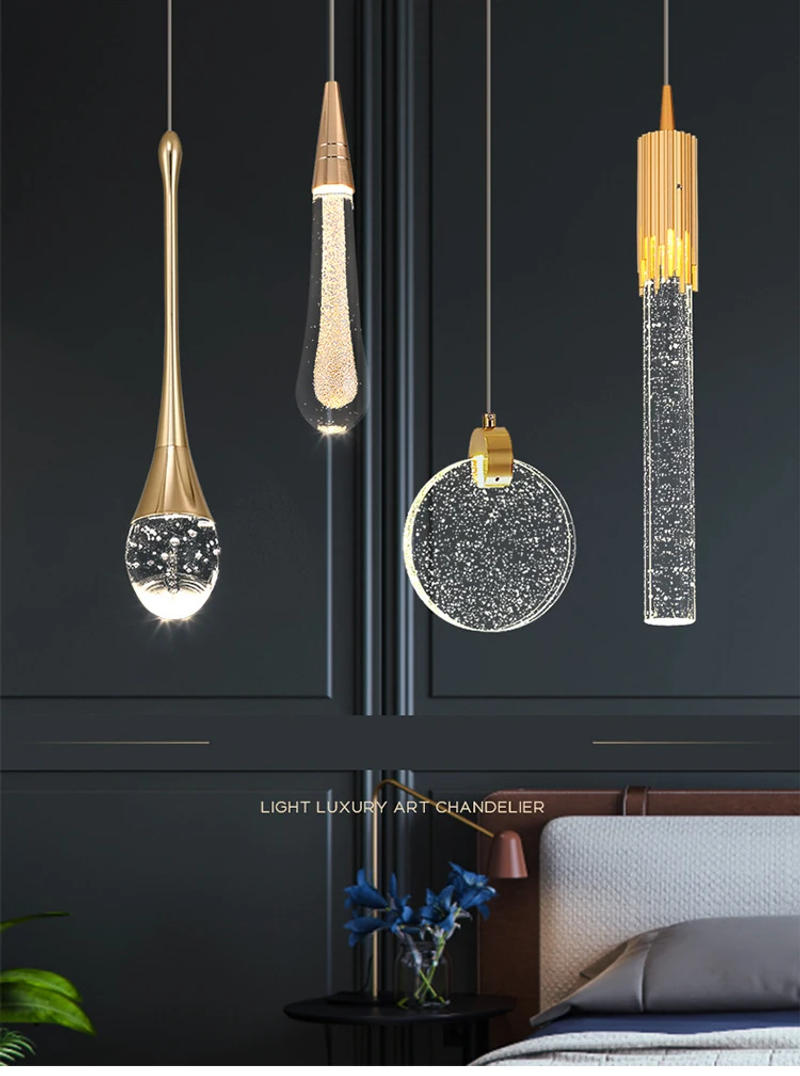 Description Picture 2 of itemBedroom Bedside Small Chandelier Light Luxury Bedside Table Crystal Hanging Line Lamp Background Wall Bar Single-head Water Drop