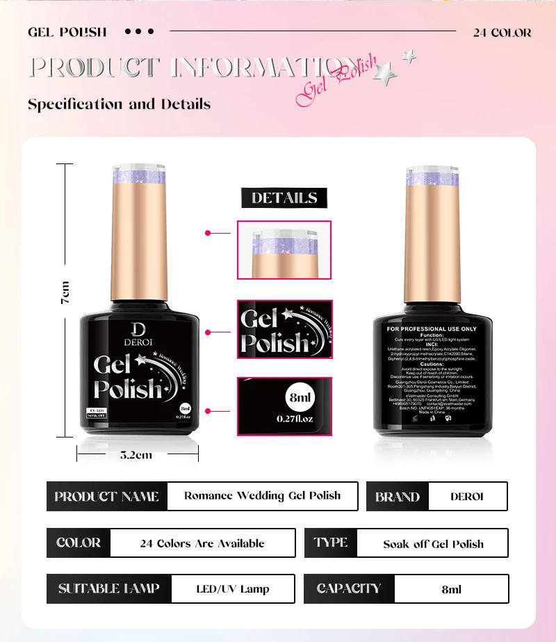 Description Picture 3 of itemDEROI Glitter Gel Nail Polish Sparking Regular Nail Polish Shiny Soak Off UV Gel Varnish Semi Permanent Nail Art Manicure 8ml