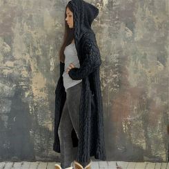 Women Long Cardigan With Hooded Lightweight Long Sleeve Cable Knitted Sweater Dress Open Front Solid Robe Pockets Streetwear