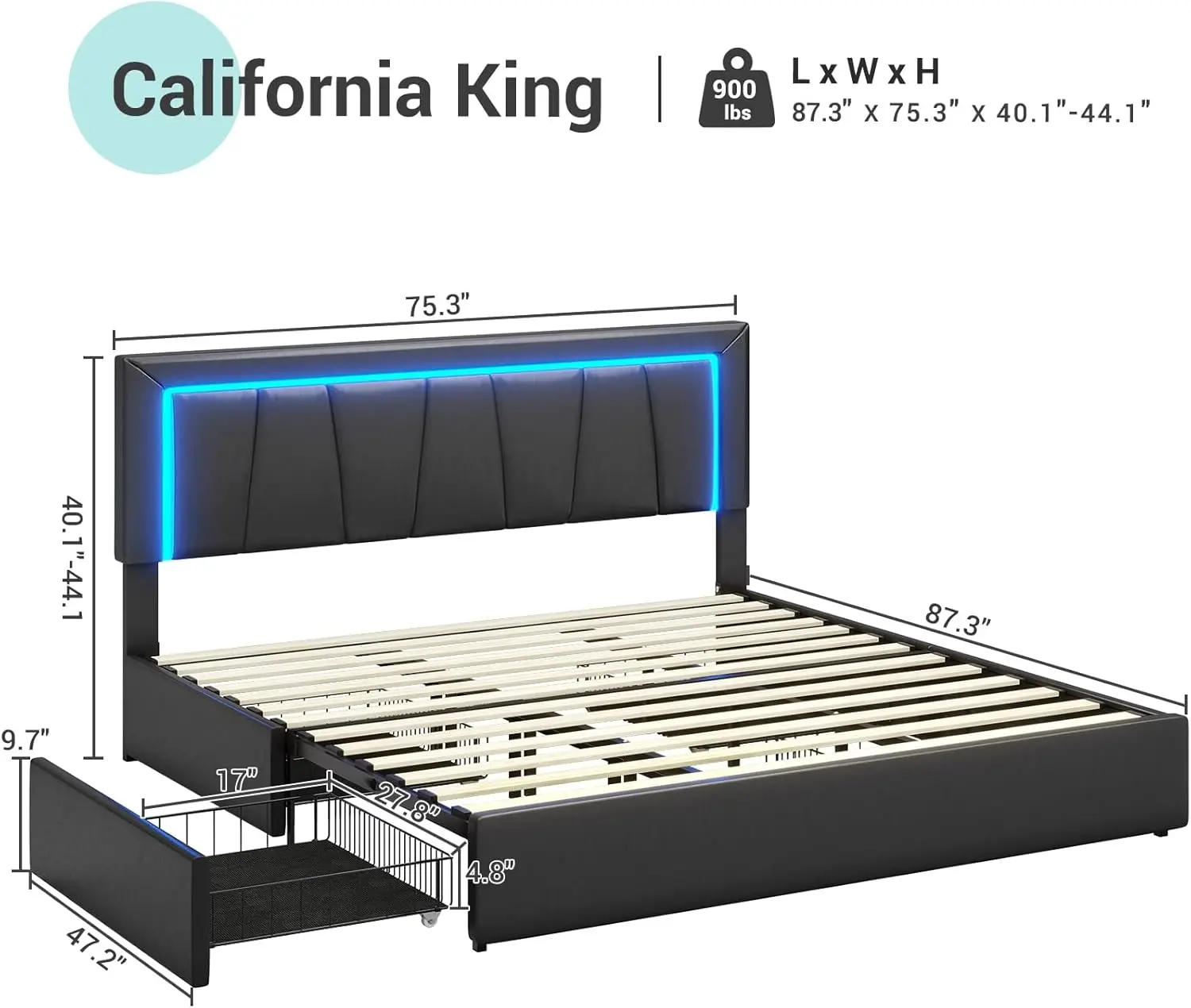 Description Picture 3 of itemCalifornia King Bed Frame with 4 Storage Drawers, Charging Station, Artificial Leather Upholstered Headboard, LED Bed Frame