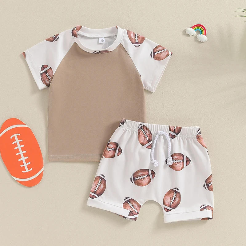Description Picture 2 of itemBaby Boys Summer Outfits Rugby Print Short Sleeves T-Shirt and Elastic Shorts Set for 2 Piece Vacation Clothes Set