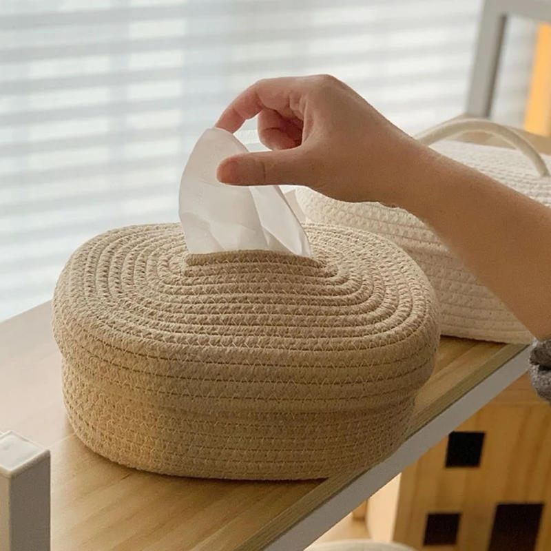 Description Picture 2 of itemTissue Box Cotton Rope Woven Tissue Box Storage Box Desktop Storage Box Pumping Paper Box Home Office Room Car Decor Tissue Box