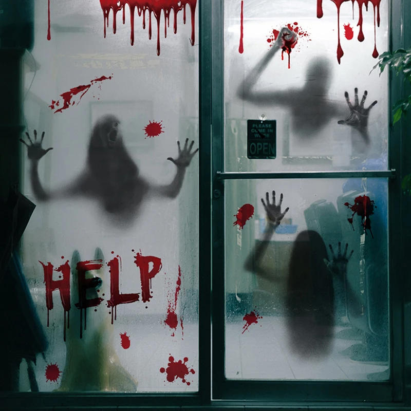 Description Picture 4 of itemHalloween Stickers Horror Blood Hand Print Door Stickers Window Bathroom Shadow Glass Female Ghost Wall Decal Halloween Decor