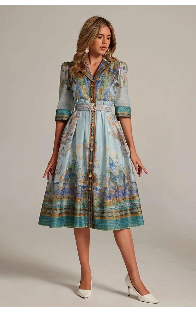 Description Picture 5 of itemFrench Style Long Printed Dress with Single Button Jacket Neck Design Women's Belted Gown Maxi Skirt One Piece Outfit