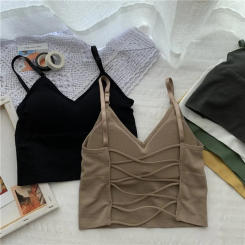 Seamless Cross Women's Crop Tops Solid Tank Top Female Built in Bra Camis for Women Sexy Tops Off Shoulder Sleeveless Ladies Top