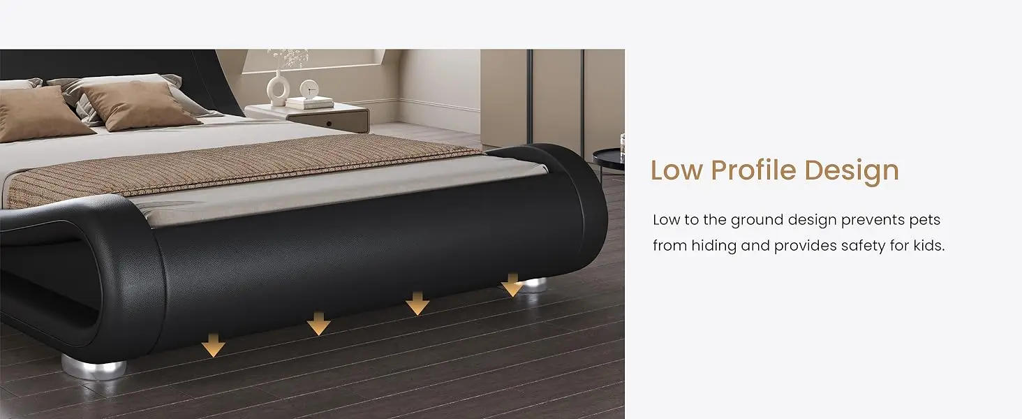 Description Picture 4 of itemSHA CERLIN King Upholstered Bed Frame, Low Profile Sleigh Bed, Faux Leather Headboard, No Box Spring Needed, Easy Assembly,Black