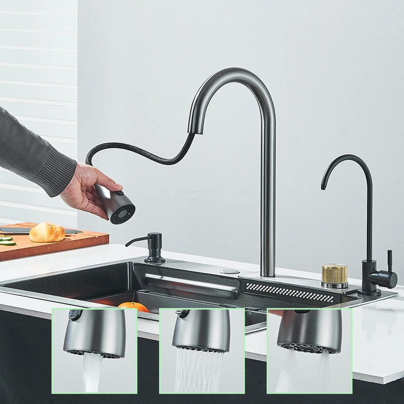 Description Picture 4 of item304 Stainless Steel Kitchen Waterfall Large Single Sink Dish Basin Sink With Multifunction Faucet And Pure Faucet\Cup Disher