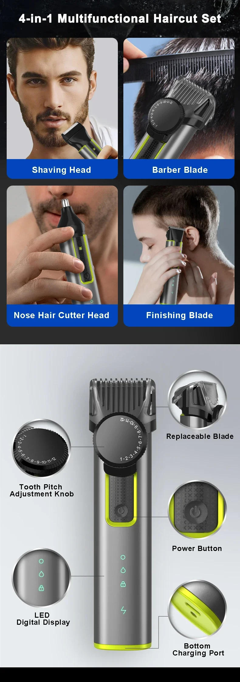 Description Picture 3 of itemMultifunctional Hair Clipper USB Charging IPX5 Waterproof Professional Electric Hair Clipper 4-in-1 Razor Nose Hair Trimmer Set