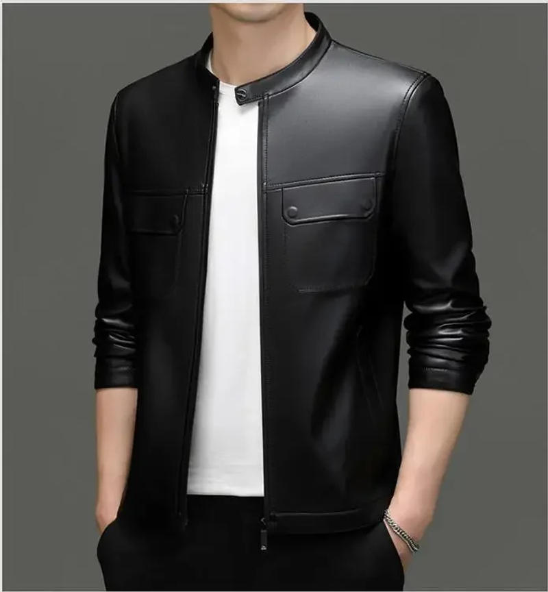 Description Picture 4 of itemNEW Spring Autumn Menswear PU Leather High-End Motorcycle Jacket Zipped Stand Collar Retro Green Fashion Casual Leather Jacket