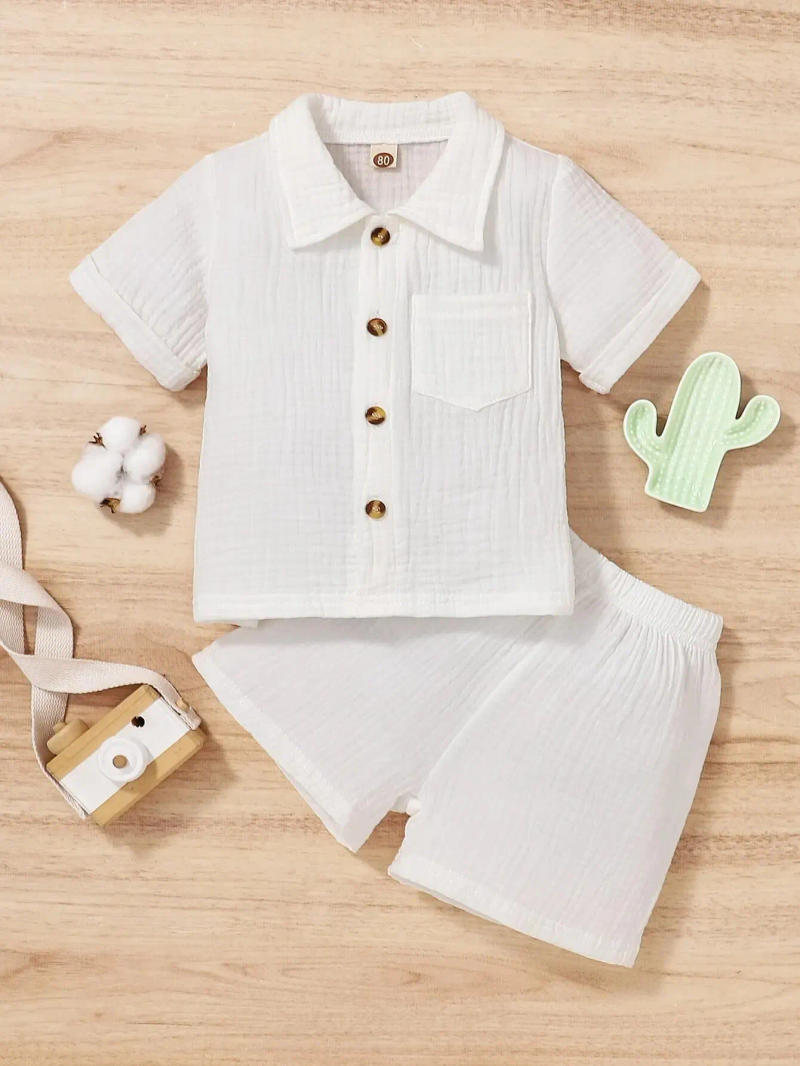 Description Picture 2 of item2-Piece Baby Boy Summer Cute Sports Comfortable Breathable Solid Color Casual Shirt Fashion Cotton Shorts Baby Girl Set