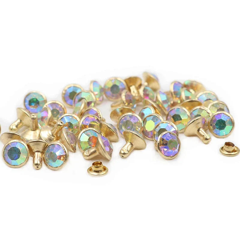 Description Picture 5 of item100Sets 8mm AB Crystal Rhinestone Rivets Golden Metal Base Studs For Clothing Bag Leathercraft Rivet