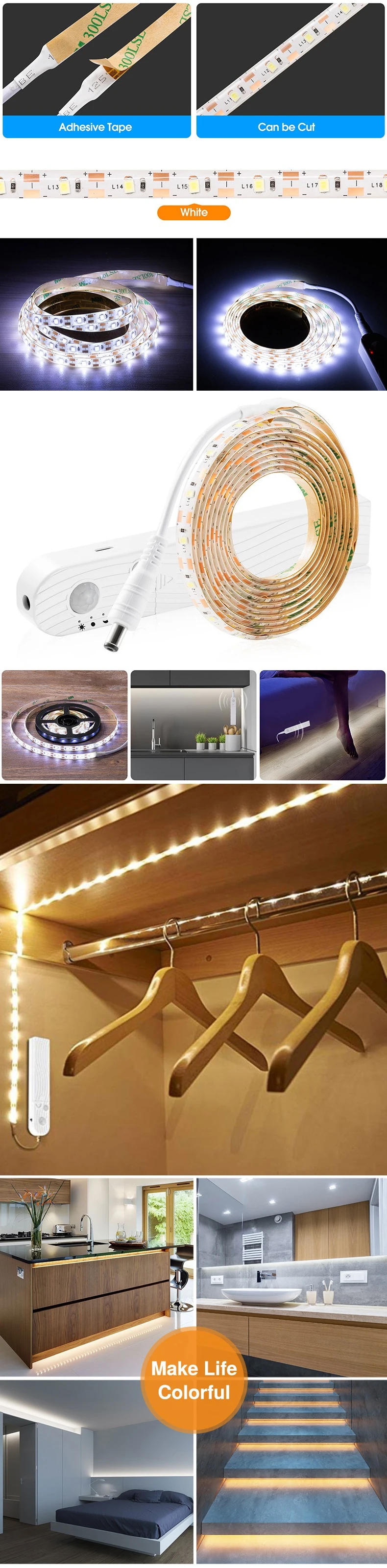 Description Picture 5 of itemLED Under Cabinet Lights PIR Motion Sensor Dimmable Light Strip Wireless Waterproof USB Rechargeable Lamp for Wardrobe Stairway