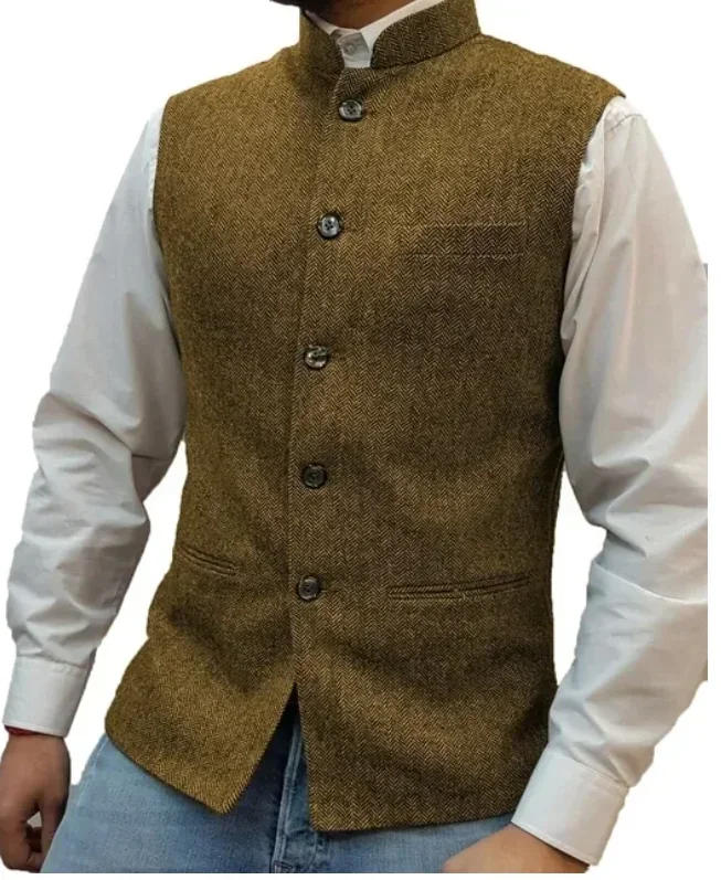 Description Picture 4 of itemMens Suits Blazers Suit Vest Brown Herringbone Wool Tweed Standup Collar Slim Fit Waistcoat Groom custom vest For Men Wedd