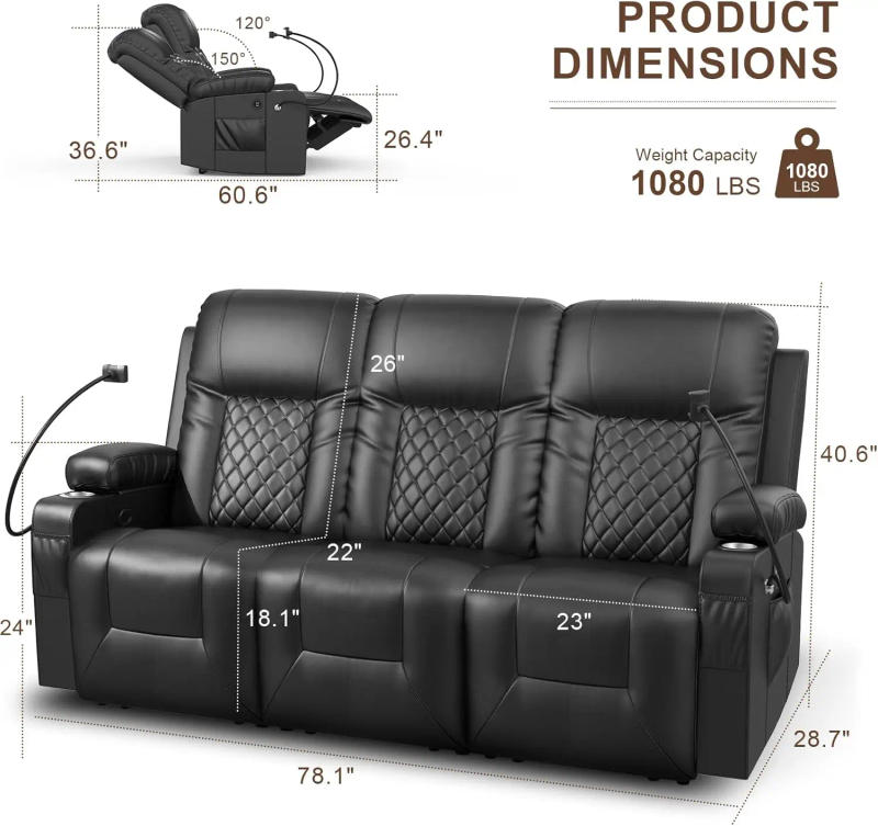 Description Picture 3 of itemRecliner Sofa Set with 3+1+1 Pieces in Living Room, 3 Seater Reclining Sofa, 2 Recliner Chair