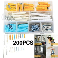 200pcs/set Plastic Self Expanding Drywall Anchor Screw Anchor Assortment Kit Stainless Steel Wall Plugs M4 M5