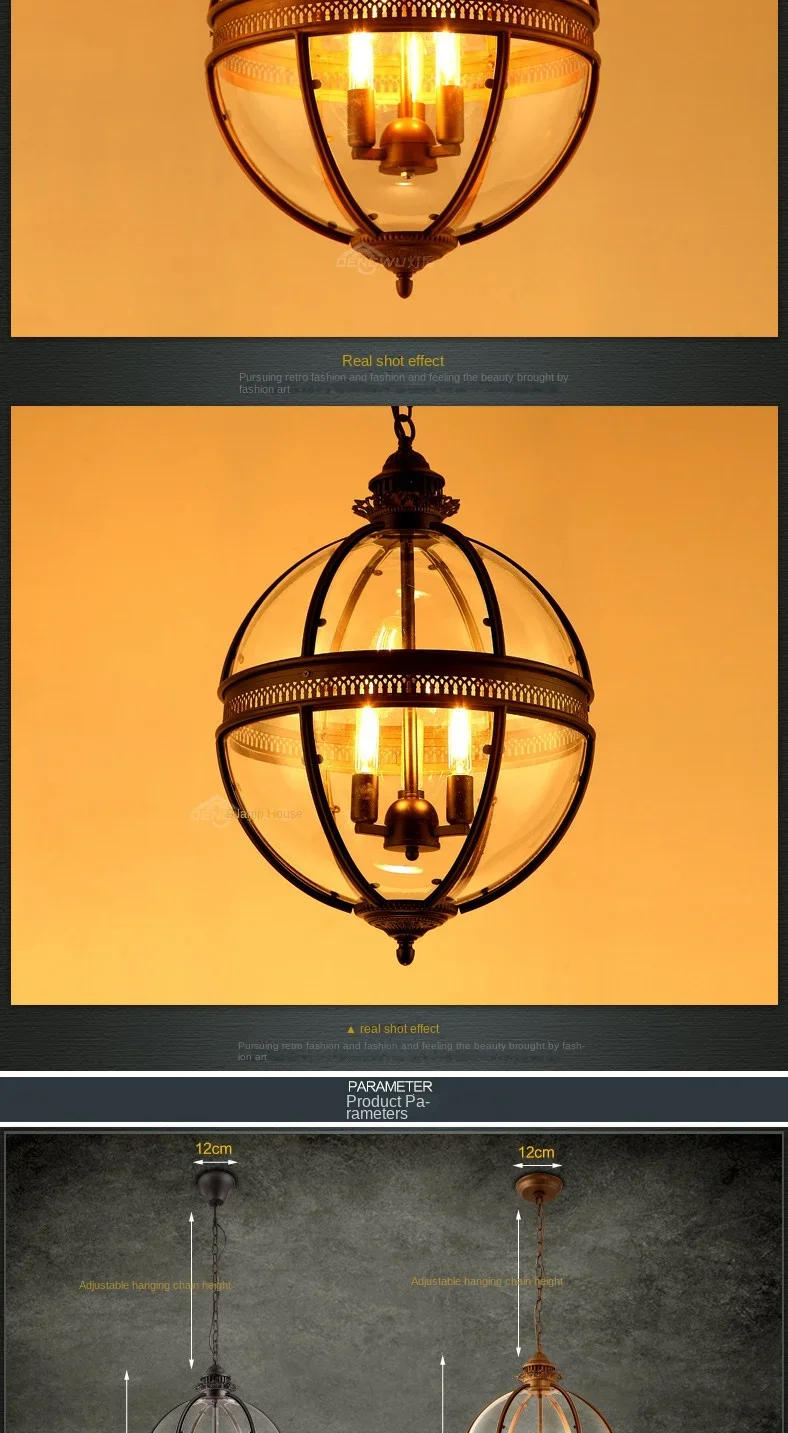 Description Picture 6 of itemCreative personality vintage Restaurant Bar Cafe American living room pendant light wrought iron glass lampshade pendant lamp