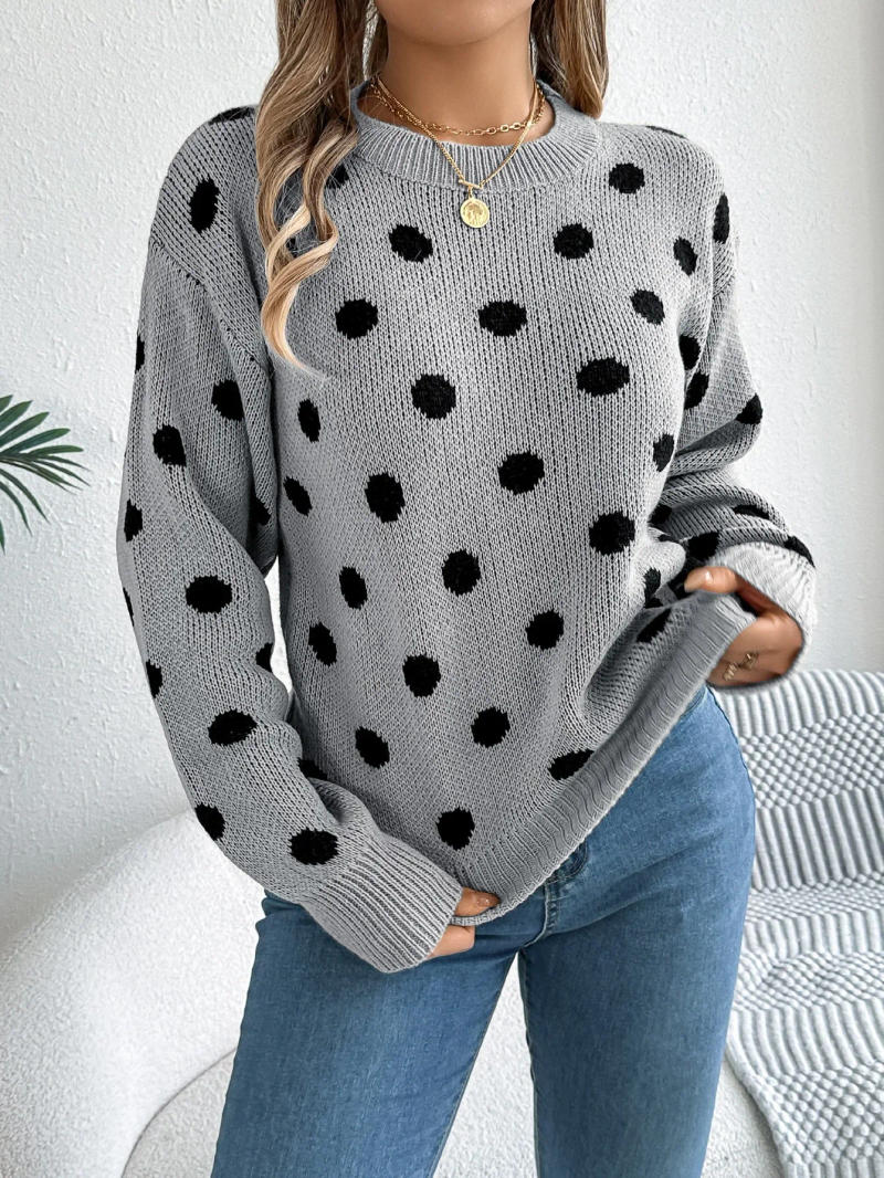 Description Picture 5 of item2025 Autumn/Winter Casual Contrast Color Polka Dot Sweater Women Round Neck Loose Pullover Female Fashionable Retro Outerwear