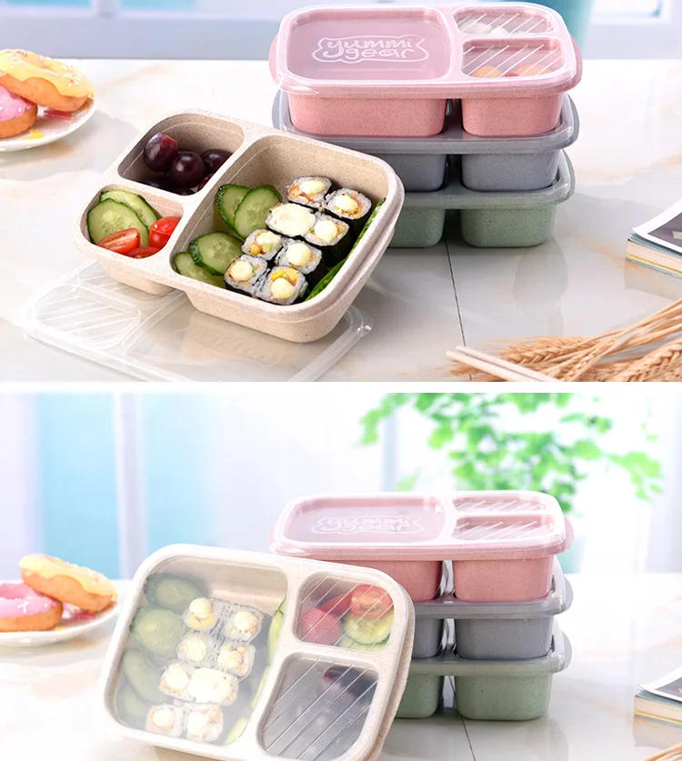 Description Picture 4 of itemMicrowave Lunch Box Wheat Straw Dinnerware Food Storage Container Children Kids School Office Portable Bento Box Lunch Container
