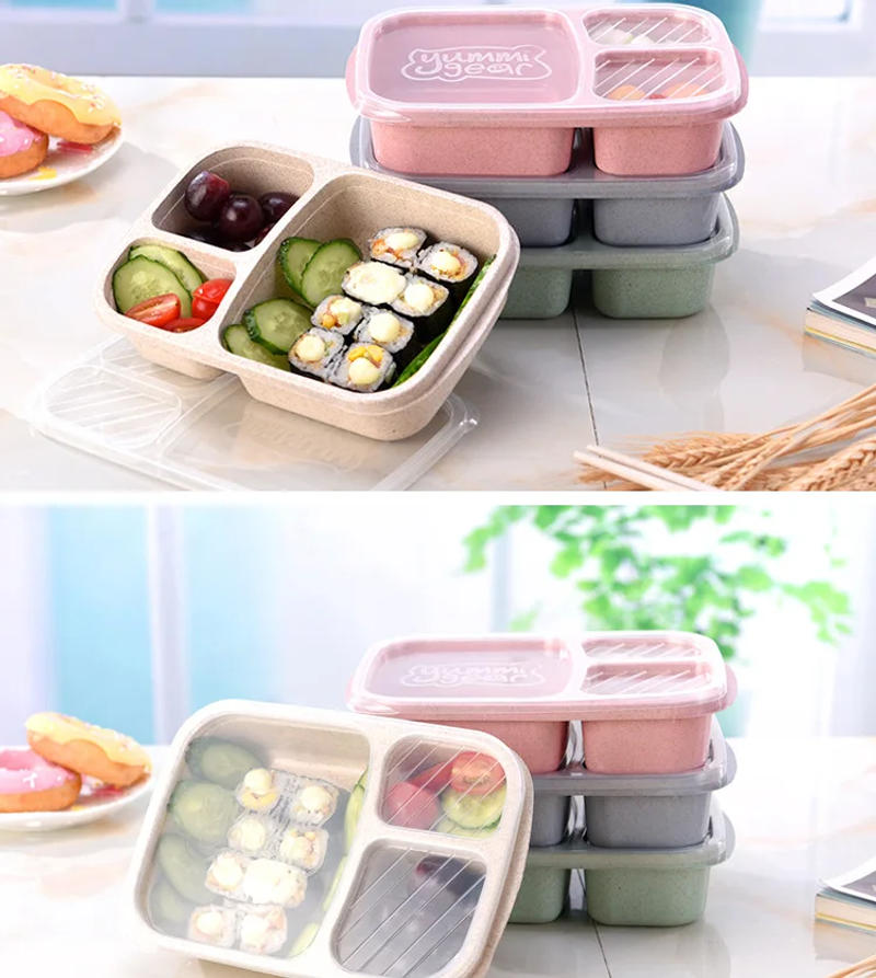Description Picture 4 of itemMicrowave Lunch Box Wheat Straw Dinnerware Food Storage Container Children Kids School Office Portable Bento Box Lunch Container