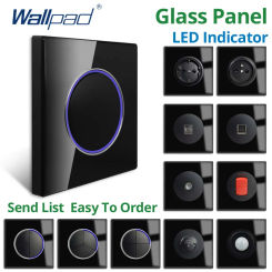 Wallpad Black Glass Panel Large Circle Blue LED Indicator Push Button Wall Light Switch and Socket Electric Outlet AC110-220V