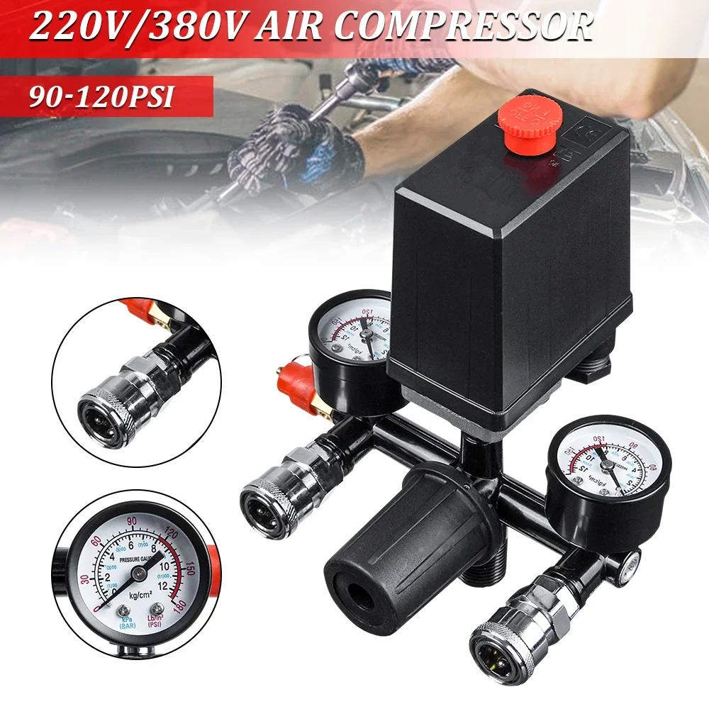 Description Picture 3 of item4 Port Air Compressor 220v/380v All Black Bracket With Switch Manifold Pressure Regulator Aluminum Alloy Safety Pressure Valve