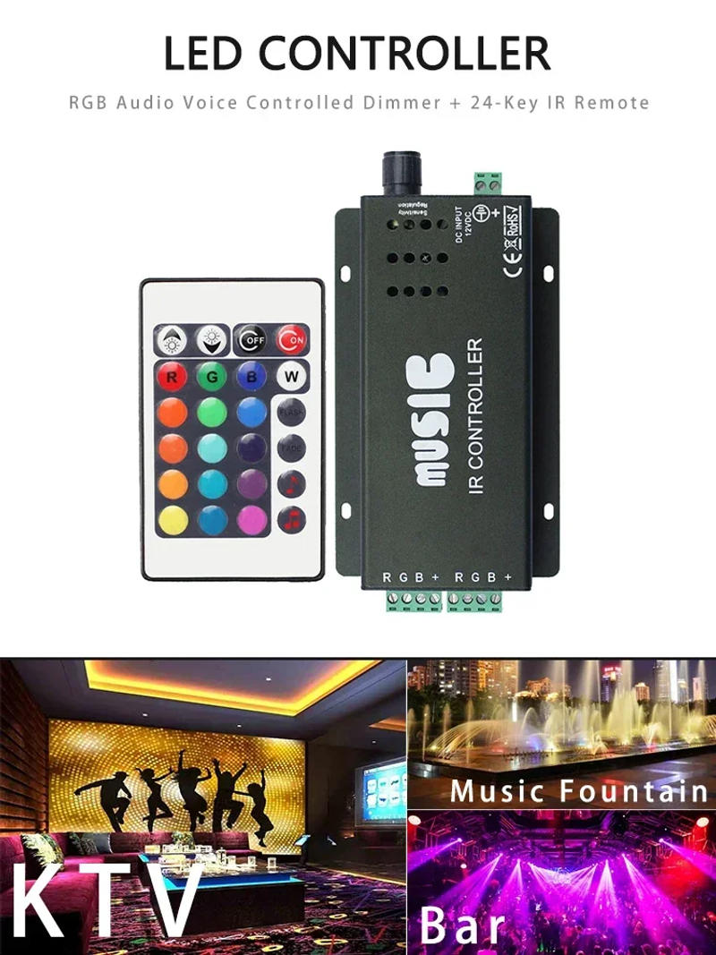 Description Picture 2 of itemLED Music Controller Kits With 24-Key IR Remote Control KTV Audio Voice Activated Dimmer for RGB 5050 2835 Color LED Strip Light