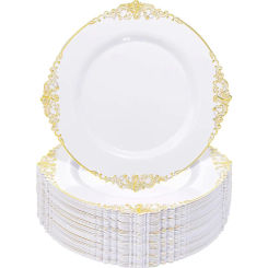 100PCS White and Gold Plastic Plates - 10.25Inch Gold Disposable Plates - Heavyweight Gold Dinner Plates for Wedding & Party