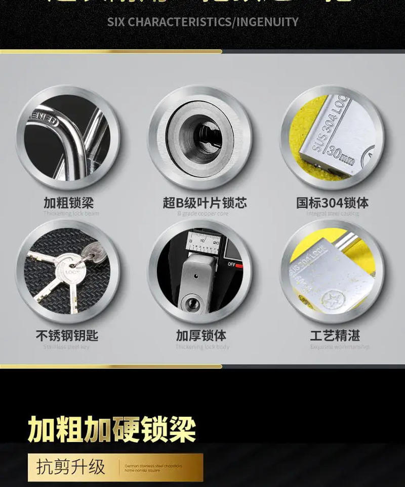 Description Picture 3 of item304 Stainless Steel Padlock with the same key Cabinet Outdoor Lock Furniture Lock Waterproof Rust-Proof Door Lock with 1 key