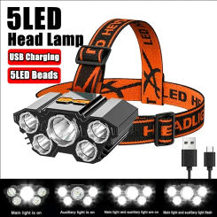 5 LED Headlamp Strong Light Headlight Built in 18650 Battery USB Rechargeable Outdoor Camping Fishing Adventure Head Flashlight