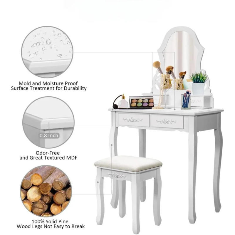 Description Picture 4 of itemDresser 4 Storage drawer with large mirror and cut-out pattern, painted finish, wooden dresser with upholstered stool seat,white