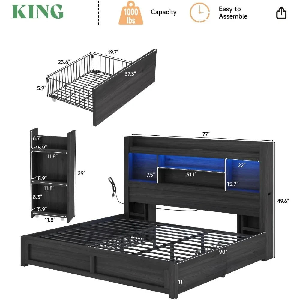 Description Picture 3 of itemKing Size Bed Frame with 4 Storage Drawers, LED Bed Frame with 49.6" Tall Bookcase Headboard, Wood Platform Bed with Charging