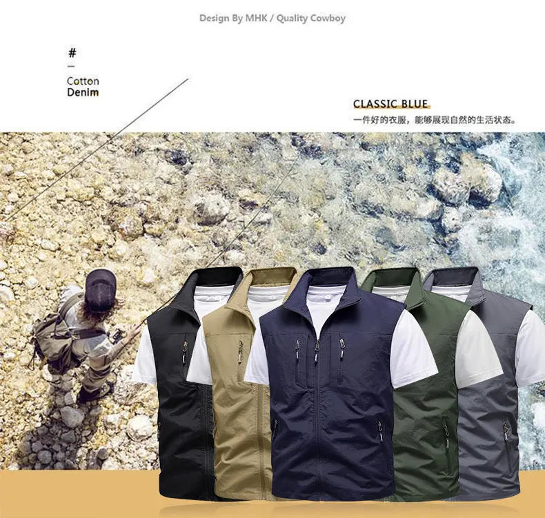 Description Picture 5 of item2024 New Summer Men's Tank Top Casual Fashion Multi Pocket Solid Color Sleeveless Jacket Men's Zipper Regular Work Waistcoat