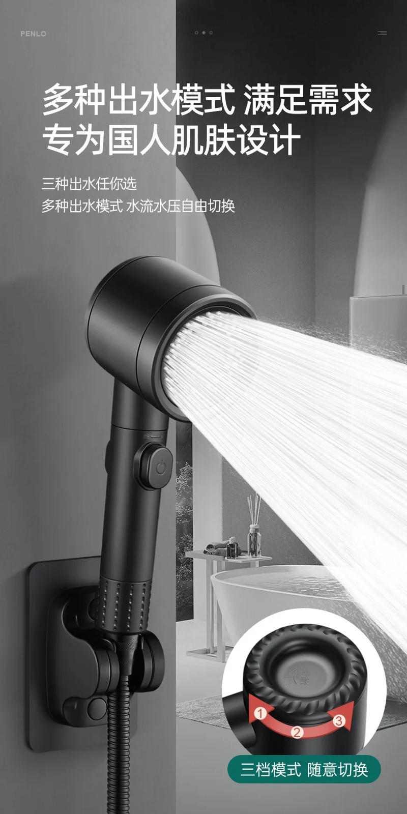 Description Picture 5 of itemNew 3 Modes Shower Head High Pressure Water Saving Shower Heads With Stop Button Water Filter Shower Faucet Bathroom Accessories