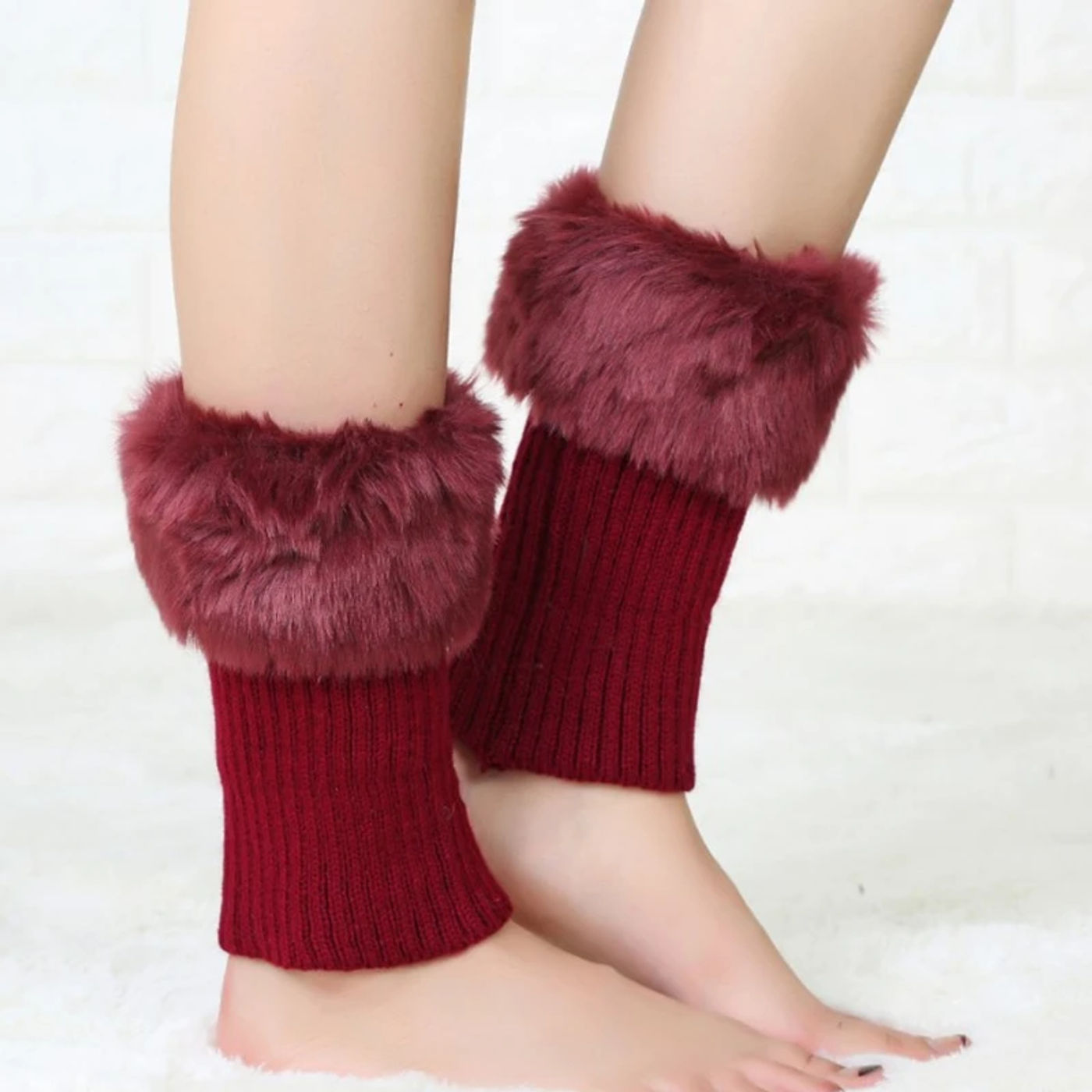 Description Picture 6 of itemWomen Winter Leg Warmers Lady Crochet Knit Faux Fur Trim Leg Boot Socks Toppers Cuffs Knitted Foot Cover Crochet Boots Cuffs Top