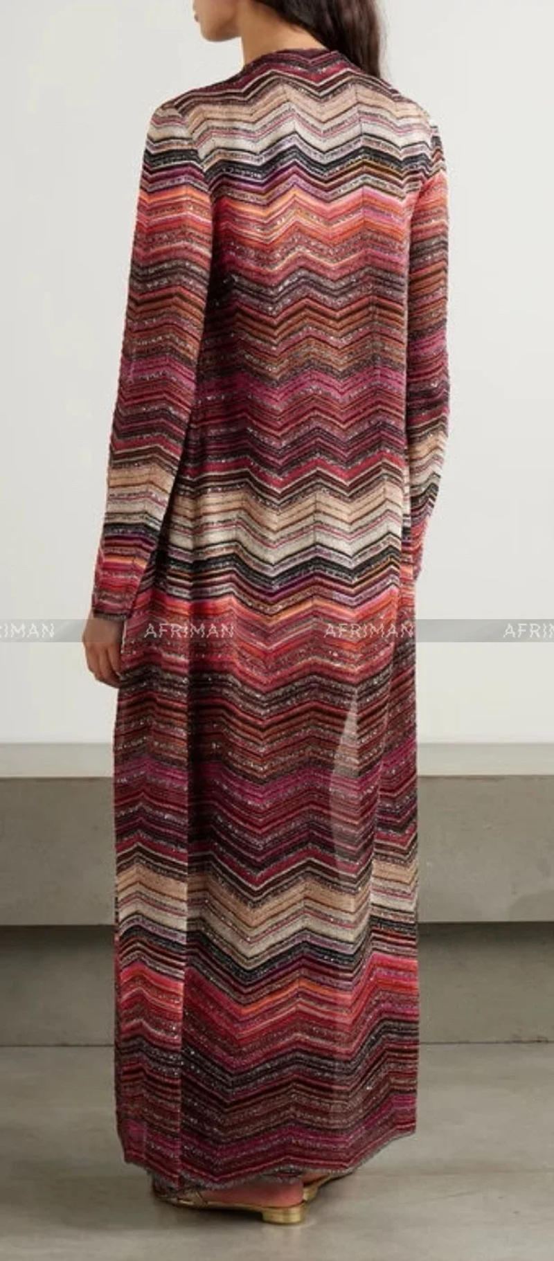 Description Picture 3 of itemWomen Chevron Striped Sequined Long Knit Cardigans Coat