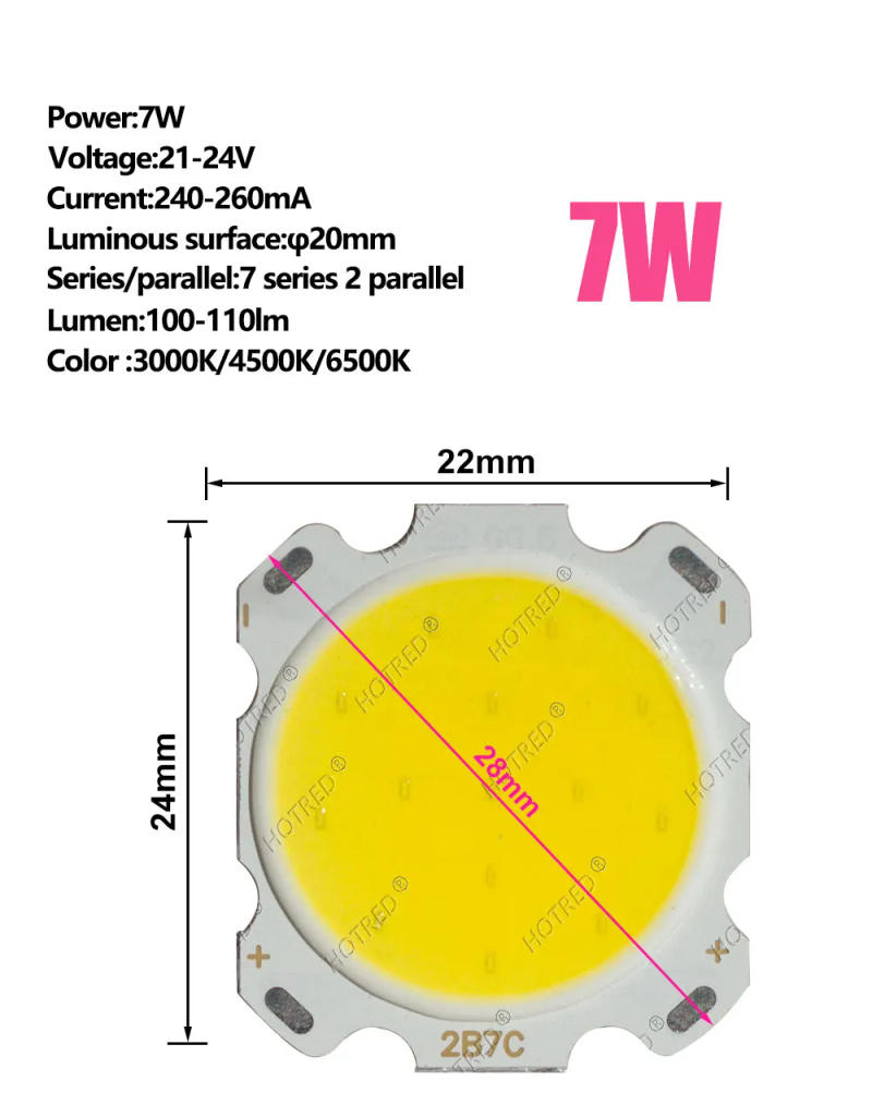 Description Picture 4 of item100pcs 28mm High Power LED Bead 20mm COB 3W/5W/7W/10W/12W/15W 6500K/4000K/3000K Bulb Chip Spotlight Downlight Diode Lamp DIY kit