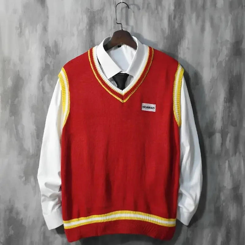 Description Picture 4 of itemBlack V Neck Waistcoat Vest Knit Sweater Male Red Men's Clothing Sleeveless Tops Designer Luxury Knitwears Pull Oversize Street