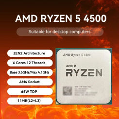 AMD Ryzen 5 4500 3.6GHz Base Clock 6-Core 12-Thread Desktop Processor CPU, AM4 Socket, No Integrated Graphics, No Heatsink Fan