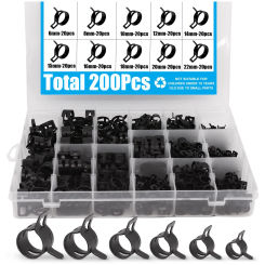 200Pcs 6-22mm 10 Sizes Black Q673B Vacuum Spring Fuel Oil Water Hose Clip Pipe Tube for Band Clamp Metal Fastener Assortment Kit