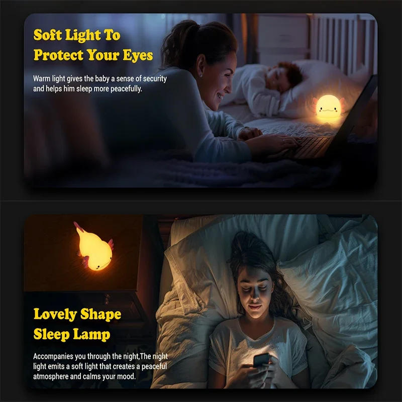 Description Picture 4 of itemCute Axolotl Night Light Silicone Nursery Sleeping Lamp Touch Control Nightlights USB Rechargeable Table Lamp for Baby Child
